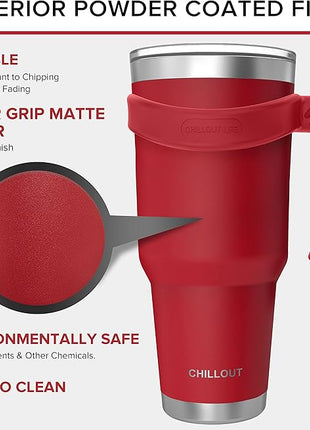 CHILLOUT LIFE Stainless Steel Travel Mug with Handle 40 oz – 6 Piece Set. Tumbler with Handle, Straw, Cleaning Brush & 2 Lids. Double Wall Insulated Large Coffee Mug Bundle - Cherry Red