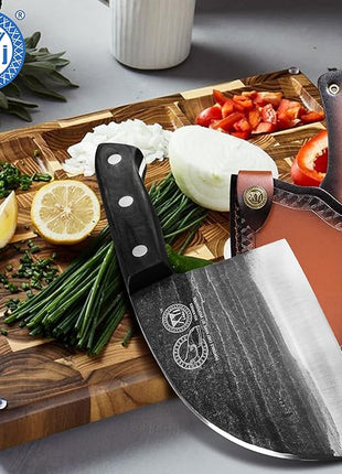 XYJ Authentic Since 1986,6 Inch Serbian Chef Knife With Sheath,Handmade Forged Ancient Outdoor Camping Kitchen Butcher Knife,Vegetable Cooking Meat Knives,Full Tang