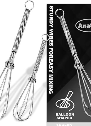 Anaeat Small Wire Whisk Set of 2, Portable Stainless Steel Kitchen Tiny Whisk & Egg Beater with Thick Wire - Sturdy Mini Mixing Balloon for Cooking, Blending, Whiping, Beating and Stirring (6" + 8")