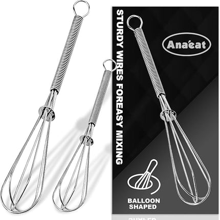 Anaeat Small Wire Whisk Set of 2, Portable Stainless Steel Kitchen Tiny Whisk & Egg Beater with Thick Wire - Sturdy Mini Mixing Balloon for Cooking, Blending, Whiping, Beating and Stirring (6" + 8")
