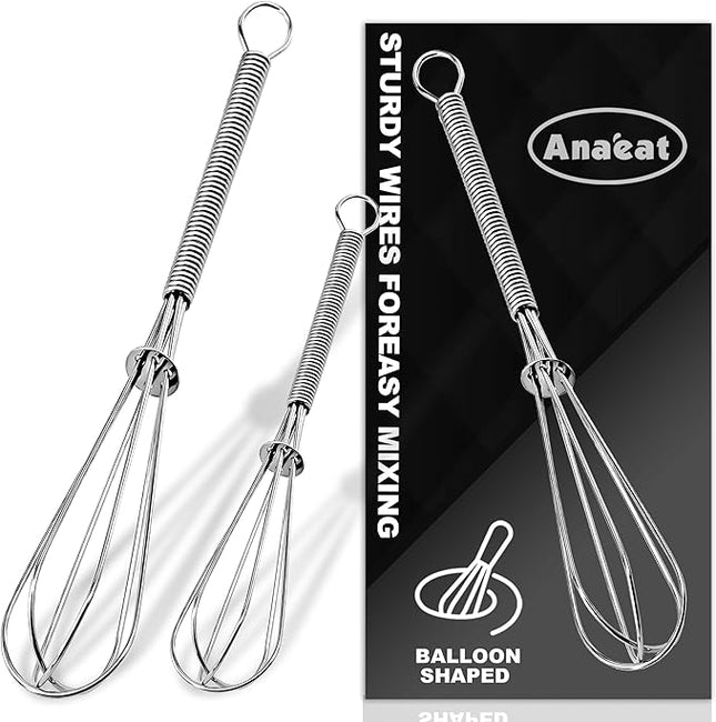 Anaeat Small Wire Whisk Set of 2, Portable Stainless Steel Kitchen Tiny Whisk & Egg Beater with Thick Wire - Sturdy Mini Mixing Balloon for Cooking, Blending, Whiping, Beating and Stirring (6" + 8")