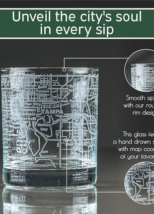 Greenline Goods Whiskey Glasses - 10 Oz Tumbler Gift Set for Tampa lovers, Etched with Tampa Map Old Fashioned Rocks Glass - Set of 2