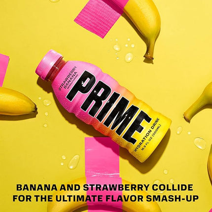 PRIME Hydration STRAWBERRY BANANA, Sports Drinks, Electrolyte Enhanced for Replenishing Fluids, 250mg BCAAs, B Vitamins, Antioxidants, Low Sugar, 16.9 Fl Oz, 12 Pack