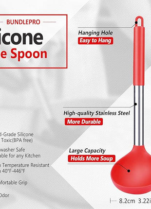 Pack of 2 Ladle Spoon,Silicone Large Spoon for Soup,Non Stick Kitchen Utensils with High Heat Resistant,BPA Free Perfect Kitchen Tools for Cooking, Stirring,Serving Soups (BLACK-RED)