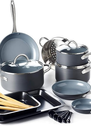 GreenPan Lima Hard Anodized Healthy Ceramic Nonstick 18 Piece Cookware Bakeware Pots and Pans Set, PFAS-Free, Oven Safe, Gray