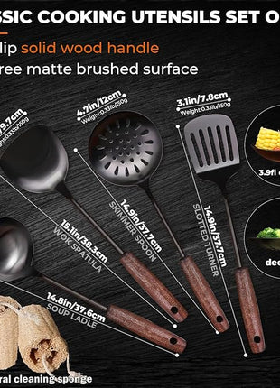 MARTE 15" Wok Spatula Turner and Ladle,Skimmer Spoon Tool Set - 18/10 Stainless Steel Vintage Cooking Utensils Set - Set of 4 High Grade Titanium Plating Kitchen Wok Utensils with Solid Wooden Handle