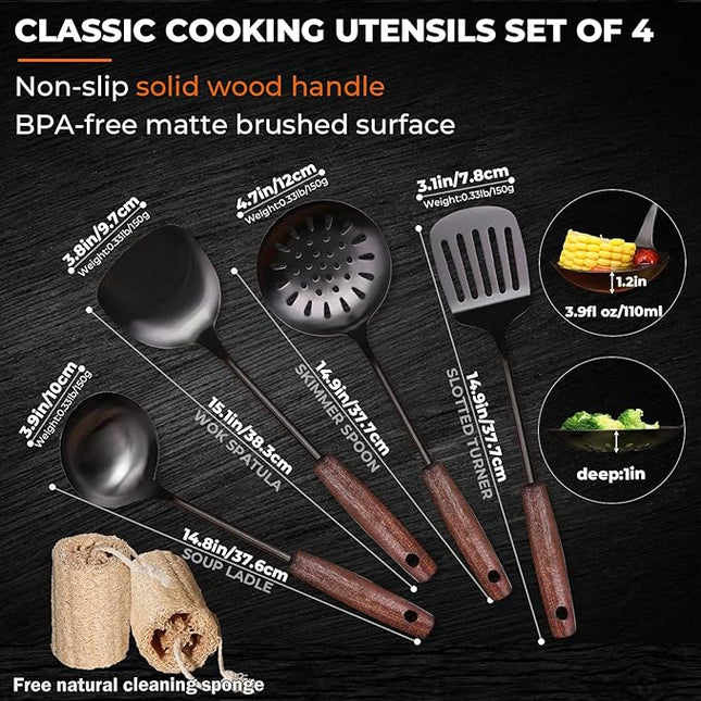 MARTE 15" Wok Spatula Turner and Ladle,Skimmer Spoon Tool Set - 18/10 Stainless Steel Vintage Cooking Utensils Set - Set of 4 High Grade Titanium Plating Kitchen Wok Utensils with Solid Wooden Handle