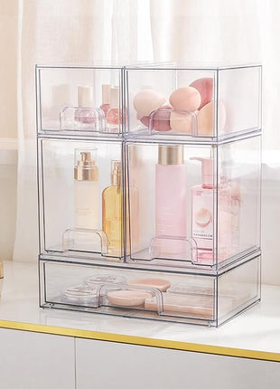 Vtopmart Stackable Storage Drawers Set of 5, Clear Plastic Organizer Bins for Beauty Supplies,Ideal for Vanity, Bathroom,Cabinet,Pantry Organization