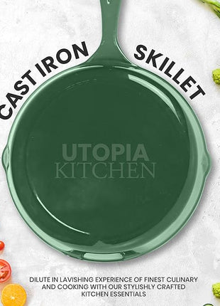 Utopia Kitchen Cast iron Skillets 3 Piece Set, Chefs Pan, Pre Seasoned Cast iron Skillets, 6, 8 & 10 Inches, Easy Use in the Oven, Stove, Grill, or Campfire, Green