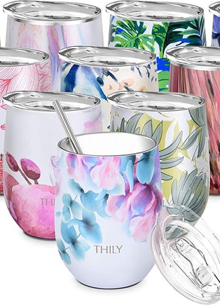 THILY Stainless Steel Insulated Wine Tumbler Stemless Wine Glass with Lid and Straw, Splash-proof, Cute Travel Cup for Coffee, Cocktails, Christmas Gift for Women, Mother, Wife, Girls, Pink Lilies