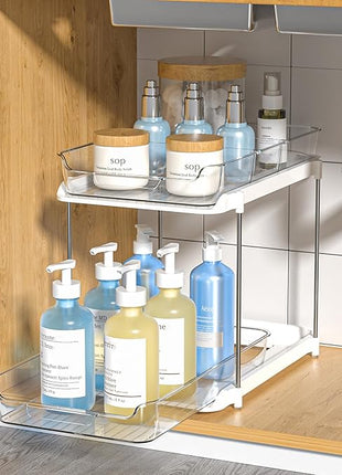 Delamu 2-Tier Multi-Purpose Bathroom Under Sink Organizers and Storage, Stackable Kitchen Pantry Organization, Pull Out Medicine Cabinet Organizer with Movable Dividers, White, 1 Pack