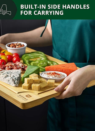 ROYAL CRAFT WOOD Wooden Cutting Boards for Kitchen Meal Prep & Serving - Bamboo Wood Serving Board with Deep Juice Groove Side Handles - Charcuterie & Chopping Butcher Block for Meat
