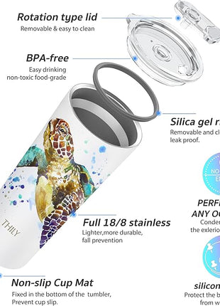THILY Stainless Steel Vacuum Insulated Tumbler Travel Mug 26 oz Coffee Cup with 2 Lids and Straws, Splash Proof, Keep Ice Drinks Cold, Sea Turtle