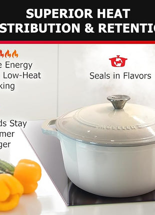 Mueller 6qt Enameled Cast Iron Dutch Oven, Heavy-Duty Casserole and Braiser Pan with Lid and Knob, Oven-Safe up to 500° F & Across All Cooktops, White