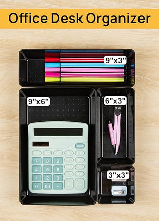 Vtopmart 44 PCS Plastic Drawer Organizers Set, 4-Size Versatile Bathroom and Vanity Organizer Trays, Non-Slip Storage Containers for Makeup, Jewelries, Bedroom，Kitchen Utensils and Office, Black