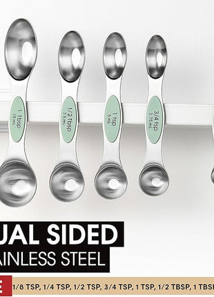 Spring Chef Stainless Steel Magnetic Measuring Spoons Set of 8 with Leveler, Dual Sided Teaspoon & Tablespoon Set, Nesting Metal Kitchen Gadgets for Baking & Cooking, Fits in Spice Jars - Pistachio
