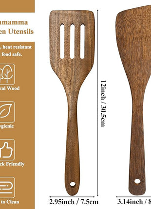Wooden Spatula Nonstick Turner Acacia Wood, 12" Long Handle Flat Frying Spatulas Handmade for Kitchen Gifts, Ideal Cookware Utensils for Cooking Eggs, Fish, Pancakes, 2 Pack