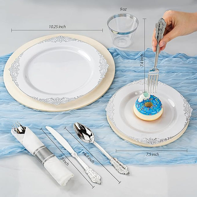175PCS White and Silver Plastic Plates for 25 Guests, Disposable Dinnerware Sets Include 50 Plastic Plates, 25 Silverwares, 25 Cups, and 25 Pre Rolled Napkins for Party, Graduation