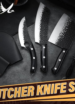 Golden Bird Butcher Knife Set - 4pcs Hand Forged Meat Cleaver Knife & Serbian Chef Knives & Sharp Viking Knives for Meat Cutting, Camping, BBQ, Christmas Gifts for Men Women
