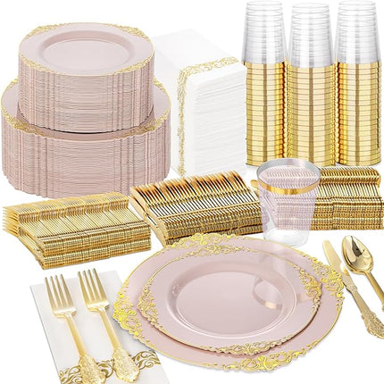 Nervure 350PCS Pink Plastic Plates - Pink Dinnerware Sets for 50 Guests - 100 Disposable Plates, 150 Gold Plastic Silverware, 50 Cups, 50 Napkins for Wedding & Party