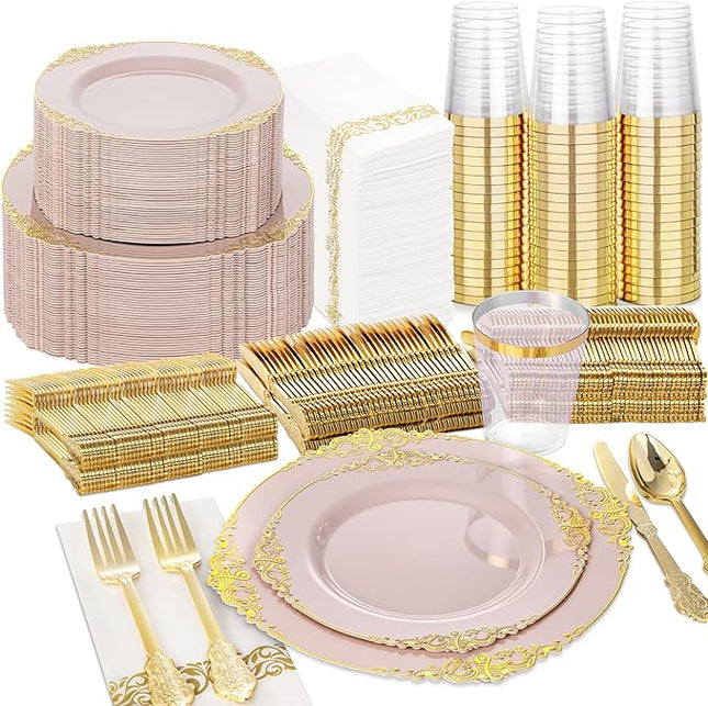Nervure 350PCS Pink Plastic Plates - Pink Dinnerware Sets for 50 Guests - 100 Disposable Plates, 150 Gold Plastic Silverware, 50 Cups, 50 Napkins for Wedding & Party