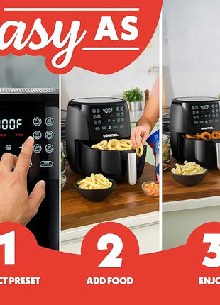 Gourmia Air Fryer - 6 Qt Large Capacity, FryForce 360º, Digital Display with 12 Presets, Roast, Bake, Broil, Dehydrate, Dishwasher Safe Accessories, Black