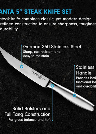 Messermeister Avanta 5” Fine Edge Steak Knife Set - German X50 Stainless Steel - Rust Resistant & Easy to Maintain - Includes 4 Steak Knives