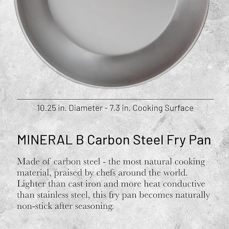 De Buyer MINERAL B Carbon Steel Fry Pan - 10.25” Diameter, 7.3” Cooking Surface - Ideal for Searing, Sauteing & Reheating - PFAS, PFOA & PFOS Free - Made in France