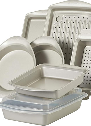 Rachael Ray Nonstick Bakeware Set without Grips includes Nonstick Bread Pan, Baking Pans, Cake Pans, Cookie Sheet / Baking Sheet - 10 Piece, Silver