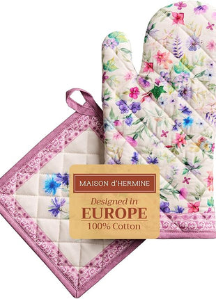 Maison d' Hermine 100% Cotton Oven Mitt & Pot Holder Set (7.5"x13" & 8"x8") Heat Resistant BBQ Cooking Gloves with Loop, Baking, Grilling, Kitchen, Handling Hot Pans Spring/Summer (Chardon)