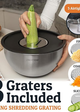 Priority Chef Stainless Steel Mixing Bowls with Lids Set, Metal Nesting Bowls with Airtight Lids, Graters, Non-Slip Base & Measurement Marks, Includes Utensil Set for Prep, Baking & Storage, Black