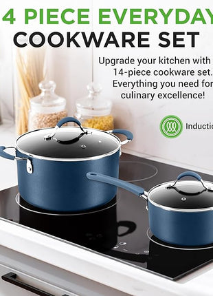 NutriChef 14-Piece Navy Blue Nonstick Cookware Set - Durable Pots and Pans Set with Lids & Utensils, Compatible with All Cooktops