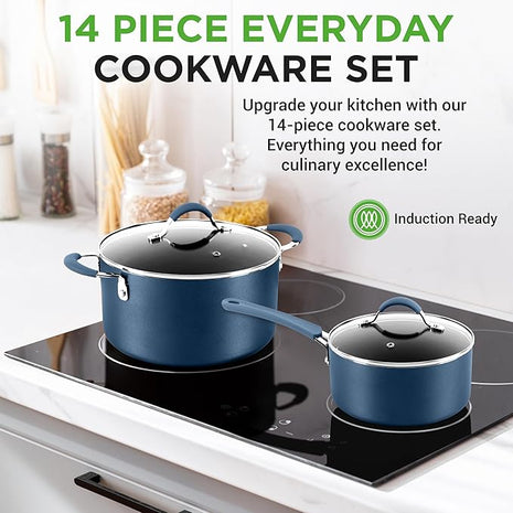 NutriChef 14-Piece Navy Blue Nonstick Cookware Set - Durable Pots and Pans Set with Lids & Utensils, Compatible with All Cooktops