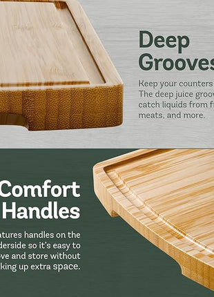 Wood Cutting Boards for Kitchen - Bamboo Cutting Board Gift Set with Deep Juice Groove & Side Handles - Chopping Board Butcher Block for Meat, Vegetables, Charcuterie, Cheese, Serving, or Meal Prep