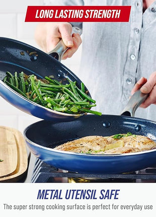Blue Diamond 9.5” & 11" Nonstick Frying Pan Skillet Set, Diamond Infused PFAS & PTFE-Free Ceramic Pots & Pans, Dishwasher & Oven Safe, Stay Cool Handles, Durable Non Toxic Metal Utensil Safe, Blue