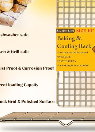 2PCS Cooling Racks for Cooking and Baking - 10" x 16"Heavy Duty Stainless Steel Wire Rack for Baking, Grilling, Roasting - Oven & Dishwasher Safe - Fits Half Sheet Pan（Gold）