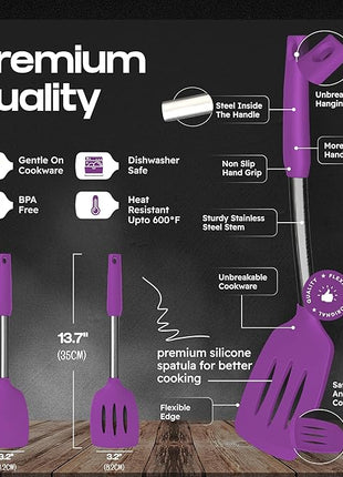 Silicone Spatula Set - Turner Spatulas Silicone Heat Resistant 600°F - Slotted & Solid Silicone Spatulas for Cooking Fish, Eggs, Pancakes Flipper – Silicone Cooking Utensils Set – Purple