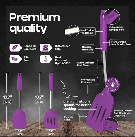Silicone Spatula Set - Turner Spatulas Silicone Heat Resistant 600°F - Slotted & Solid Silicone Spatulas for Cooking Fish, Eggs, Pancakes Flipper – Silicone Cooking Utensils Set – Purple