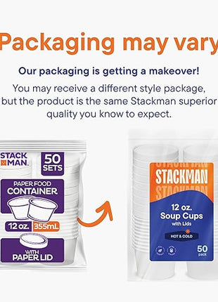 Stack Man Paper Food Container with Lid, Insulated Food Cups with Vented Lids - Hot or Cold To Go Soup Cup, for Soups, Ice Cream and Yogurt - Eco-Friendly - White