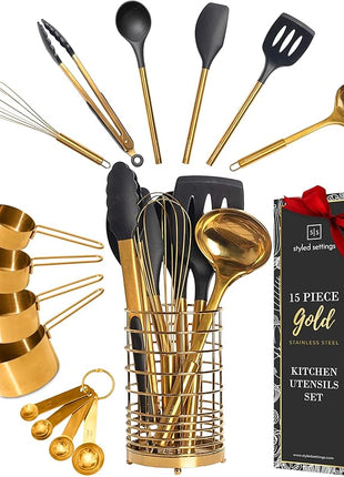 Styled Settings Black and Gold Kitchen Utensils Set - 15-Piece Nonstick BPA-Free Silicone Cooking Tools with Measuring Cups and Spoons - Luxury Kitchen Accessories for Stylish Cooking and Baking
