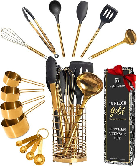 Styled Settings Black and Gold Kitchen Utensils Set - 15-Piece Nonstick BPA-Free Silicone Cooking Tools with Measuring Cups and Spoons - Luxury Kitchen Accessories for Stylish Cooking and Baking