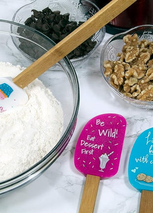 3 Piece Fun Silicone Spatula Gift Set with lovely bow and photo gift card. Easy clean, durable, high temperature and stain resistant. Bamboo handles. Great for gifts, baking, cooking, sauteing.