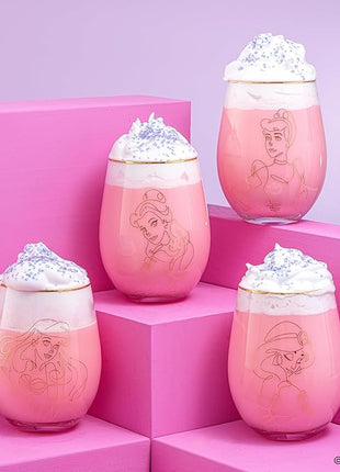 JoyJolt Disney Princess Sketch Stemless Drinking Glasses, 19oz Glass Cups ft Princess Jasmine Ariel Belle Cinderella, Disney Princess Kitchen Glassware Set of 4, Disney Gifts for Adults