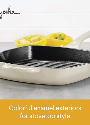 Ayesha Curry Collection Cast Iron Square Grill Pan with Pour Spouts, 10-Inch, French Vanilla