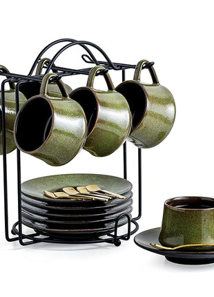 YHOSSEUN Ceramic Espresso Cups Set of 6, 4 Oz Expresso Shots Cup with Stand, Saucers & Spoons, Small Coffee Cup for Double Espresso, Mocha and Tea, Green