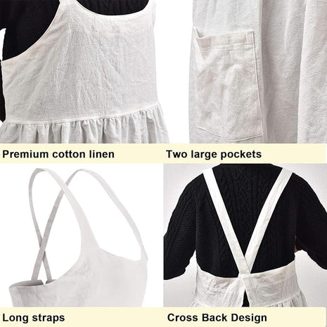 Uaussi Cotton Linen Apron Cross Back Work Apron for Women with Pockets Pinafore Dress X Cross Halter Apron for Chef Gardening