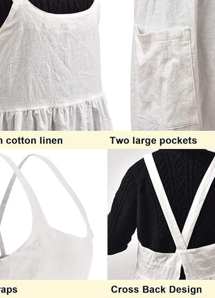 Uaussi Cotton Linen Apron Cross Back Work Apron for Women with Pockets Pinafore Dress X Cross Halter Apron for Chef Gardening