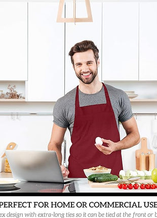 GREEN LIFESTYLE 12 Pack Professional Chef Apron – Grilling Aprons for Men, Waterproof Cooking Apron for BBQ, Work or Restaurant Use, Kitchen Aprons for Women – Burgundy, No Pockets