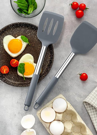 Silicone Spatula Set of 2, E-far Solid & Slotted Turner for Nonstick Cookware, Heat Resistant Rubber Kitchen Cooking Utensils for Flipping Fish Pancake Egg - Grey