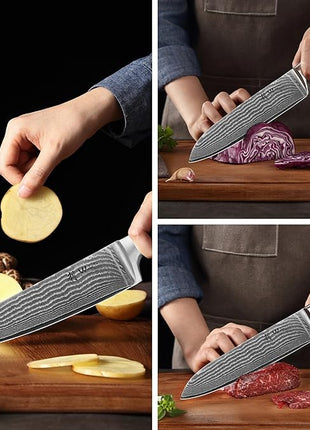 Wakoli EDIB 3-Piece Damascus Kitchen Knife Set in Wooden Gift Box – Sharp Knives Set made of Genuine Damascus Steel (VG10 Core) – Santoku, Small Santoku, & Pairing Knife – Ergonomic Pakkawood Handles